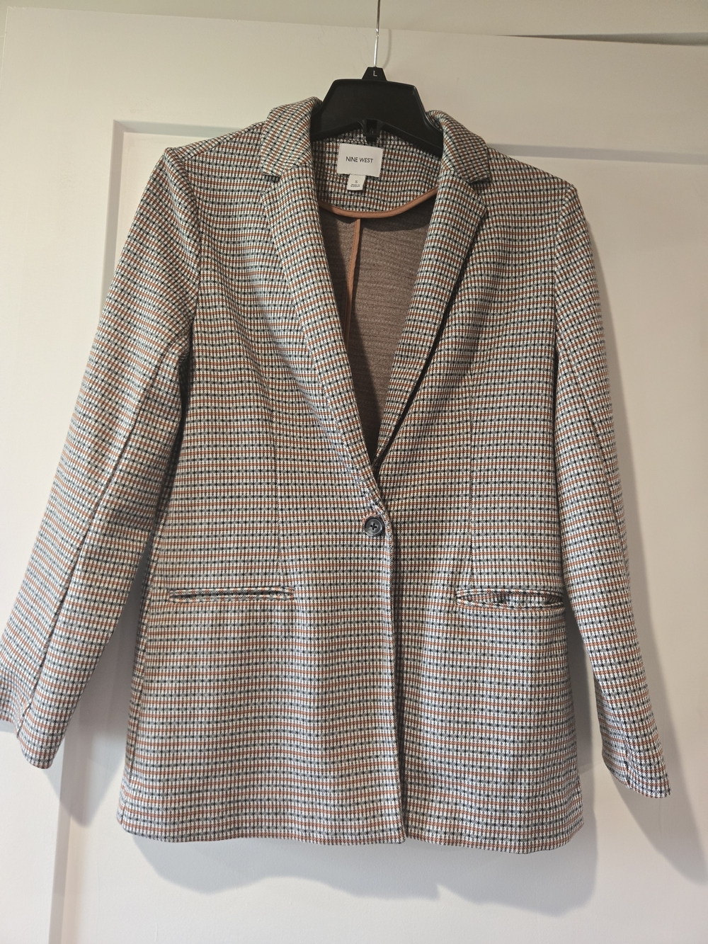 Nine West Lightweight Brown Multi Plaid Single-Button Blazer